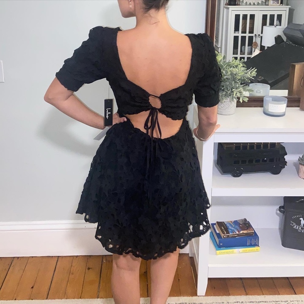 Black lace dress with open back